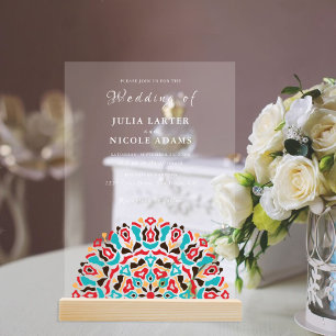 Invitaciones Acrílicas Ágata Turquesa Verde y Flor de Vino Mandala Boda