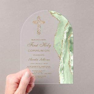 Invitaciones Acrílicas Ágata Verde Salvia Primera Comunión