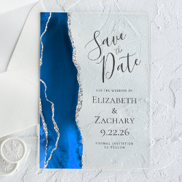Invitaciones Acrílicas Agate Azul Real Plata Compromiso Save the Date