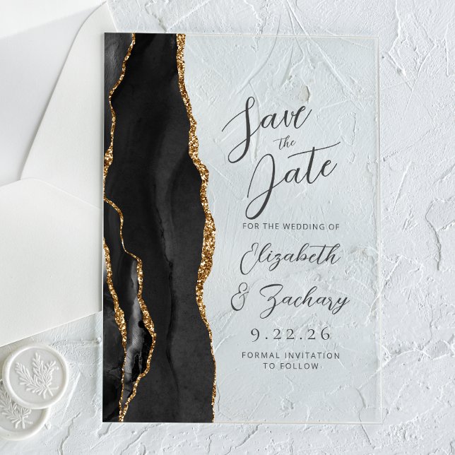 Invitaciones Acrílicas Agate Black Gold Modern Script Boda (Subido por el creador)