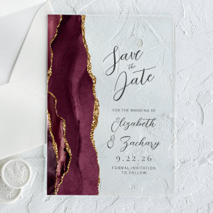 Invitaciones Acrílicas Agate Borgoña Oro Boda Salva la Fecha