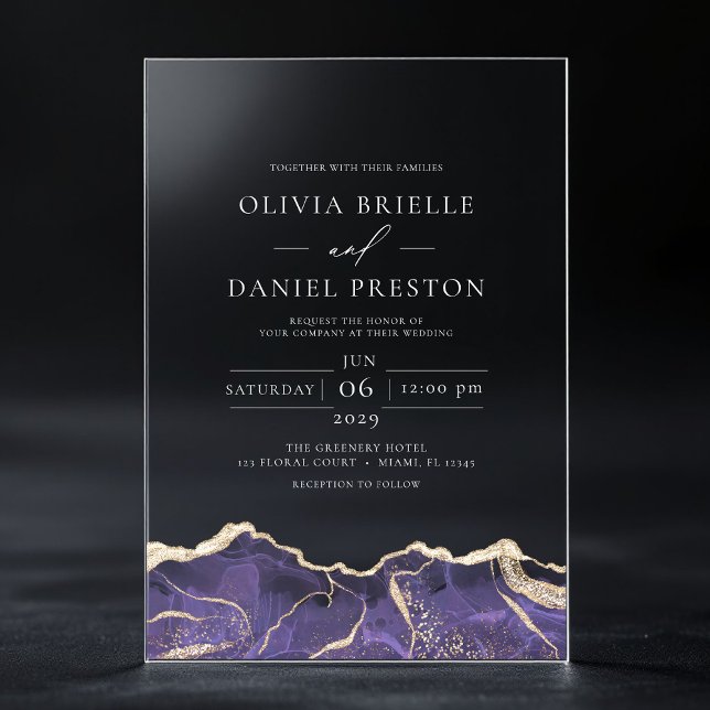 Invitaciones Acrílicas Agate de oro morado elegante Boda moderno (Subido por el creador)