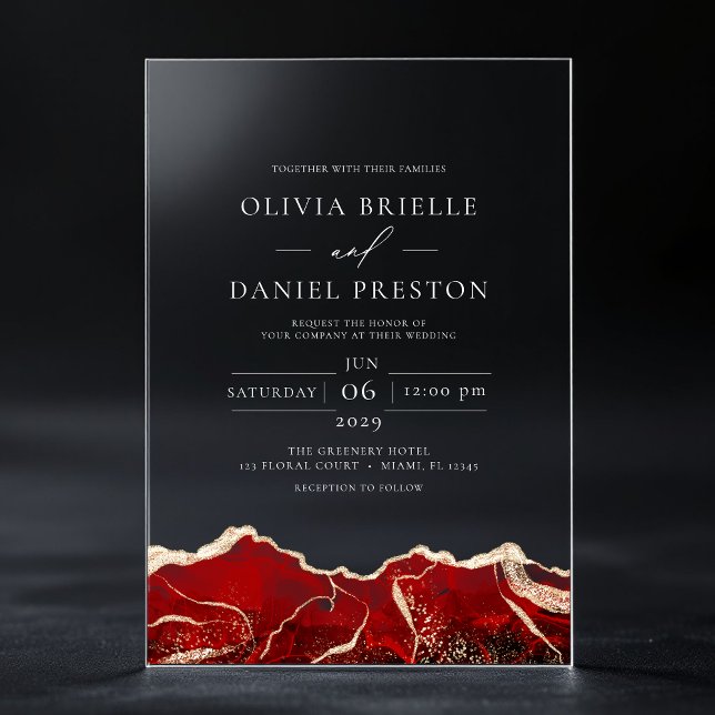 Invitaciones Acrílicas Agate de oro rojo elegante Boda moderno (Subido por el creador)