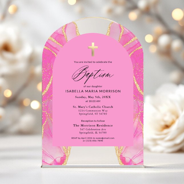 Invitaciones Acrílicas Agate de oro rosa bautismo femenino moderno elegan (Subido por el creador)