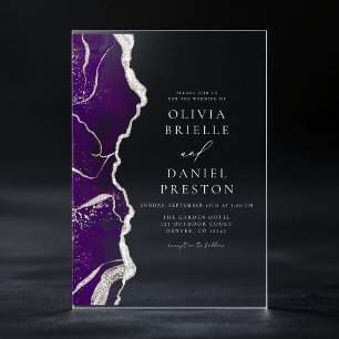 Invitaciones Acrílicas Agate de plata morada elegante Boda moderno