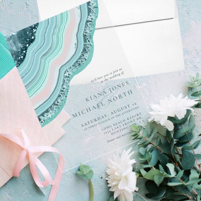 Invitaciones Acrílicas Agate Geode Purpurina Boda Verde azulada ID647 (Subido por el creador)