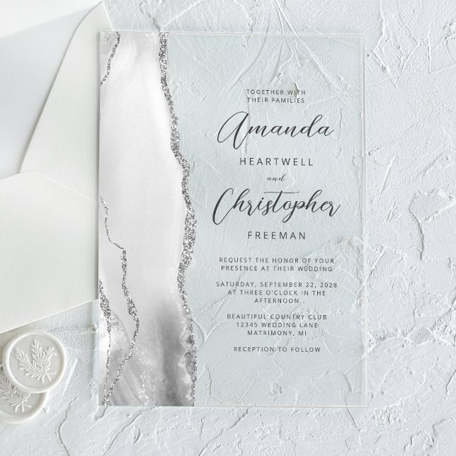 Invitaciones Acrílicas Agate Gray Silver Script Boda (Subido por el creador)