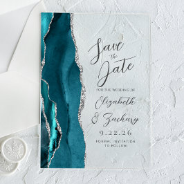 Invitaciones Acrílicas Agate la boda de guión plateado Verde azulado Guar