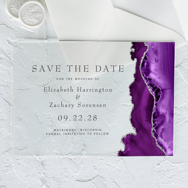 Invitaciones Acrílicas Agate morado de plata salva la fecha (Subido por el creador)