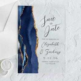 Invitaciones Acrílicas Agate Navy Blue Gold Boda de escritura moderna