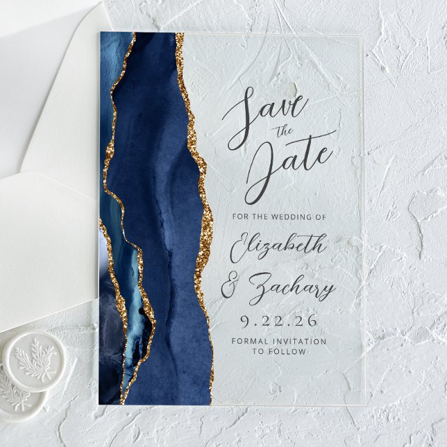 Invitaciones Acrílicas Agate Navy Blue Gold Boda de escritura moderna (Subido por el creador)
