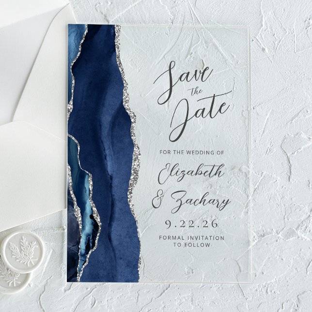 Invitaciones Acrílicas Agate Navy Blue Silver Boda de escritura moderna (Subido por el creador)