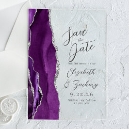 Invitaciones Acrílicas Agate Purple Silver Script Wedding Guardar la fech