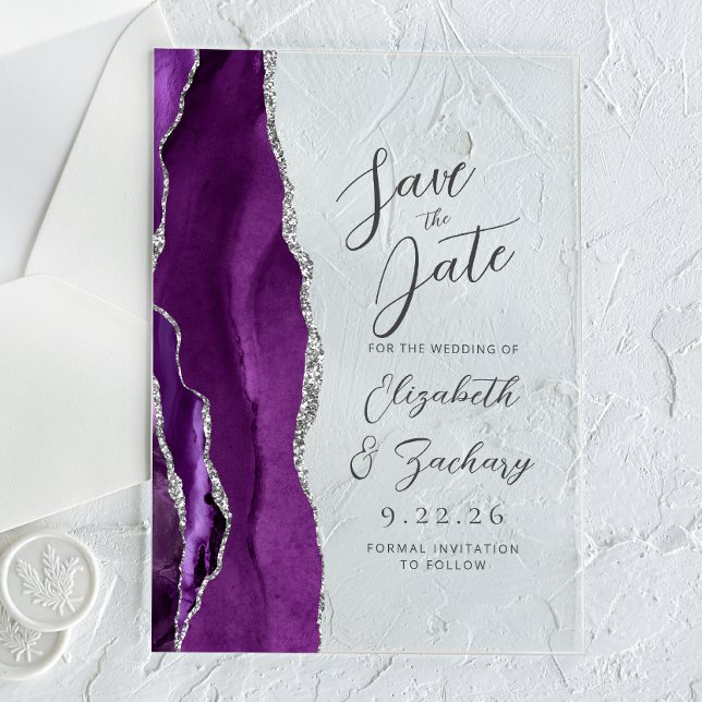 Invitaciones Acrílicas Agate Purple Silver Script Wedding Guardar la fech (Subido por el creador)