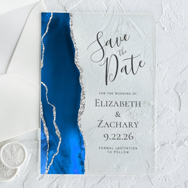 Invitaciones Acrílicas Agate Royal Blue Silver Wedding Salven la fecha (Subido por el creador)