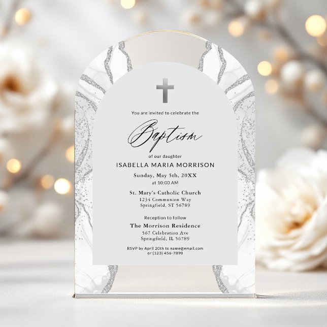Invitaciones Acrílicas Agato blanco plateado bautismo moderno elegante (Subido por el creador)