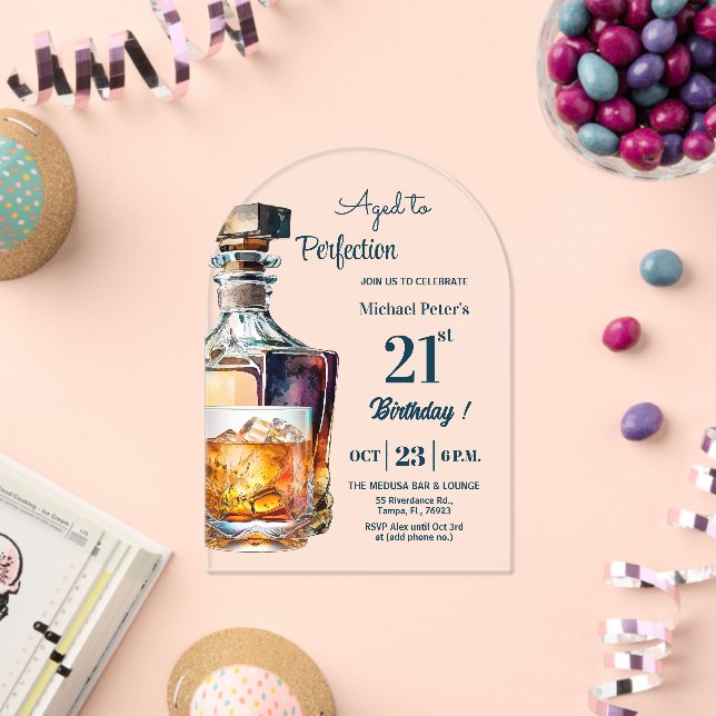 Invitaciones Acrílicas Aged to Perfection Men 21st Whiskey Birthday  (Insitu (Celebración))