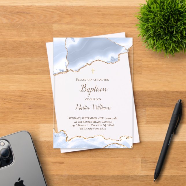 Invitaciones Acrílicas agio azul pastel Bautismo (Insitu (Tarjeta de Invitación))