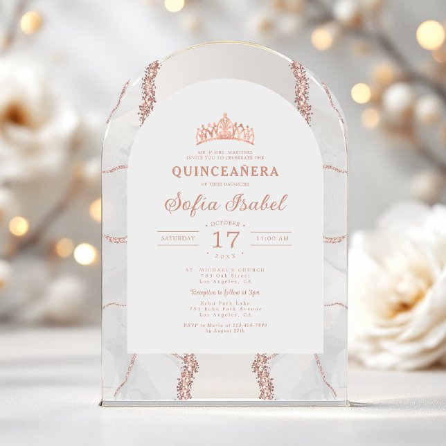 Invitaciones Acrílicas Agosto Blanco Rosa Quinceañera Elegante (Subido por el creador)