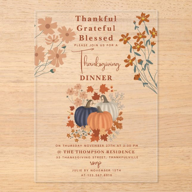 Invitaciones Acrílicas Agradecidos y agradecidos Día de Acción de Gracias (Anverso)