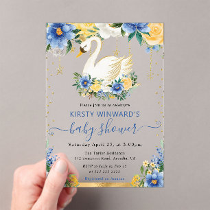 Invitaciones Acrílicas Aguada de flores azules y amarillas Cisne Shower d