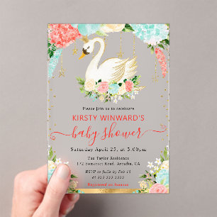 Invitaciones Acrílicas Aguada de flores de melocotón y menta Cisne Baby S