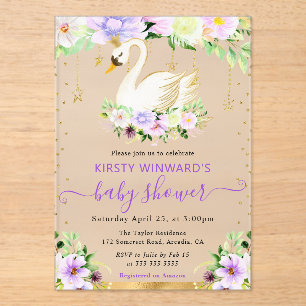 Invitaciones Acrílicas Aguada de flores púrpura y crema Cisne Shower de b