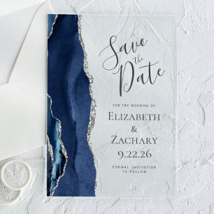 Invitaciones Acrílicas Ahorre la Fecha Ágata Moderna Azul Marino Plata