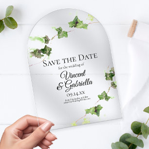Invitaciones Acrílicas Ahorre la Fecha de Boda Acuarela de Vid Verde Ingl