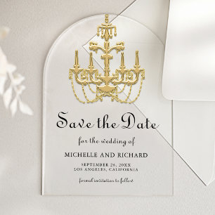 Invitaciones Acrílicas Ahorre la fecha de boda de candelabro de oro