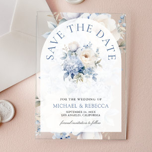 Invitaciones Acrílicas Ahorre la fecha de boda floral azul polvoriento y
