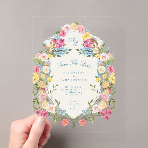 Invitaciones Acrílicas Ahorre la fecha Floral Azul Francés Cresta Vintage