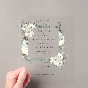 Invitaciones Acrílicas Ahorre la fecha floral azul polvoriento y blanco