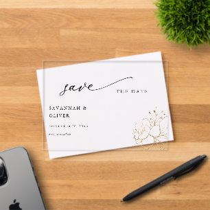 Invitaciones Acrílicas Ahorre la fecha floral con dorado