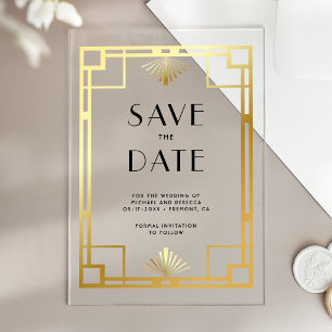 Invitaciones Acrílicas Ahorro de Boda Art Deco de Oro