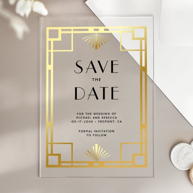 Invitaciones Acrílicas Ahorro de Boda Art Deco de Oro (Subido por el creador)