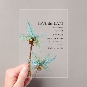 Invitaciones Acrílicas Ahorro de fecha de boda de árboles de palma de acu