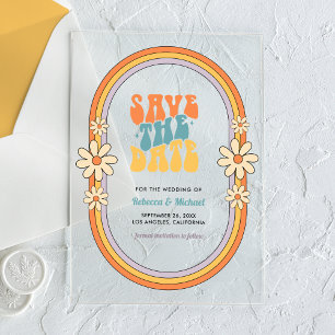 Invitaciones Acrílicas Ahorro de Fecha de Boda Retro Colorido Groovy 70s