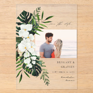 Invitaciones Acrílicas Ahorro de Fecha de Palma Tropical y Floral Blanca 