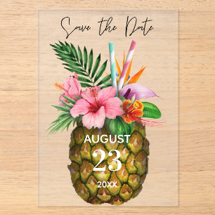 Invitaciones Acrílicas Ahorro de Fecha Floral Hawaiano Tropical & Piña