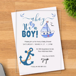 Invitaciones Acrílicas Ahoy es un chico Ancla Nautical Baby Shower Blue