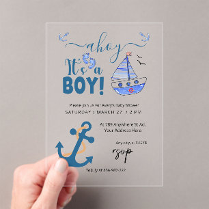 Invitaciones Acrílicas Ahoy es un chico Ancla Nautical Baby Shower Blue