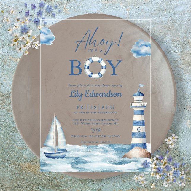Invitaciones Acrílicas Ahoy Es Un Chico Baby Shower Náutico Azul (Ahoy Its A Boy Blue Nautical Baby Shower Acrylic Invitations)
