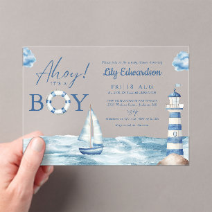 Invitaciones Acrílicas Ahoy es un niño Azul Náutico Baby Shower