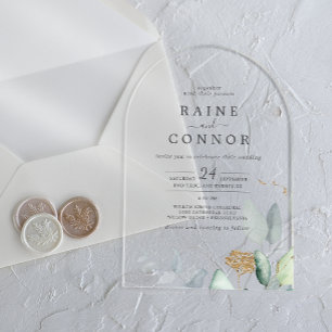 Invitaciones Acrílicas Airy Greenery Gold Leaf Arch Elegante Boda