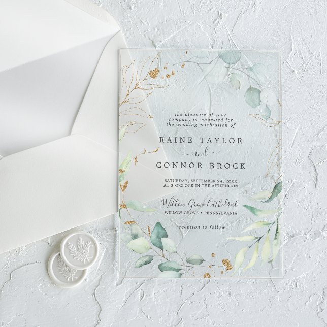 Invitaciones Acrílicas Airy Greenery Gold Leaf Boda botánico moderno (Airy Greenery Gold Leaf Botanical Modern Wedding Acrylic Invitations)