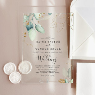 Invitaciones Acrílicas Airy Greenery Gold Leaf Elegant Eucalyptus Boda