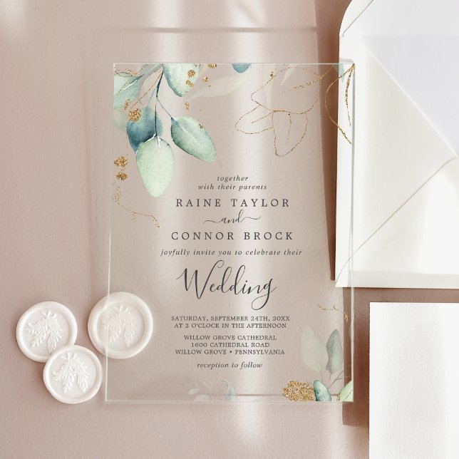 Invitaciones Acrílicas Airy Greenery Gold Leaf Elegant Eucalyptus Boda (Airy Greenery Gold Leaf Elegant Eucalyptus Wedding Acrylic Invitations)