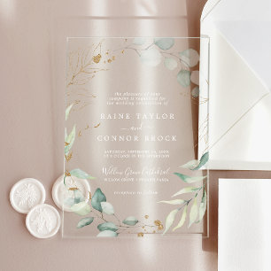 Invitaciones Acrílicas Airy Greenery Gold Leaf White Boho Boda moderno