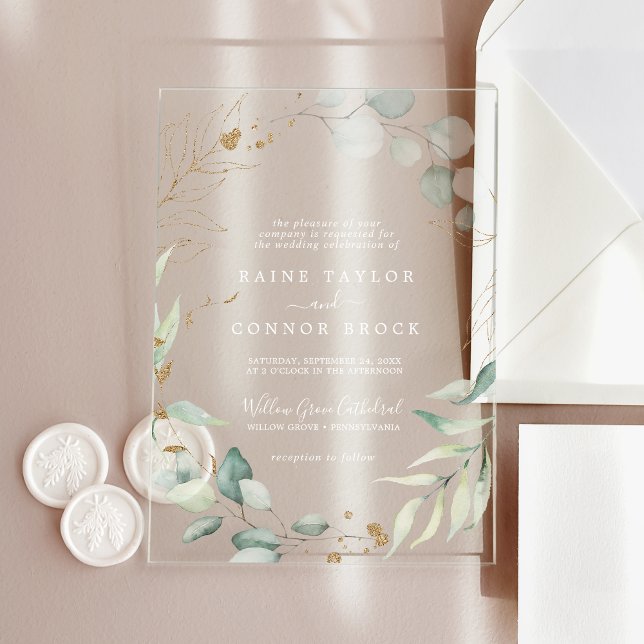 Invitaciones Acrílicas Airy Greenery Gold Leaf White Boho Boda moderno (Airy Greenery Gold Leaf White Boho Modern Wedding Acrylic Invitations)